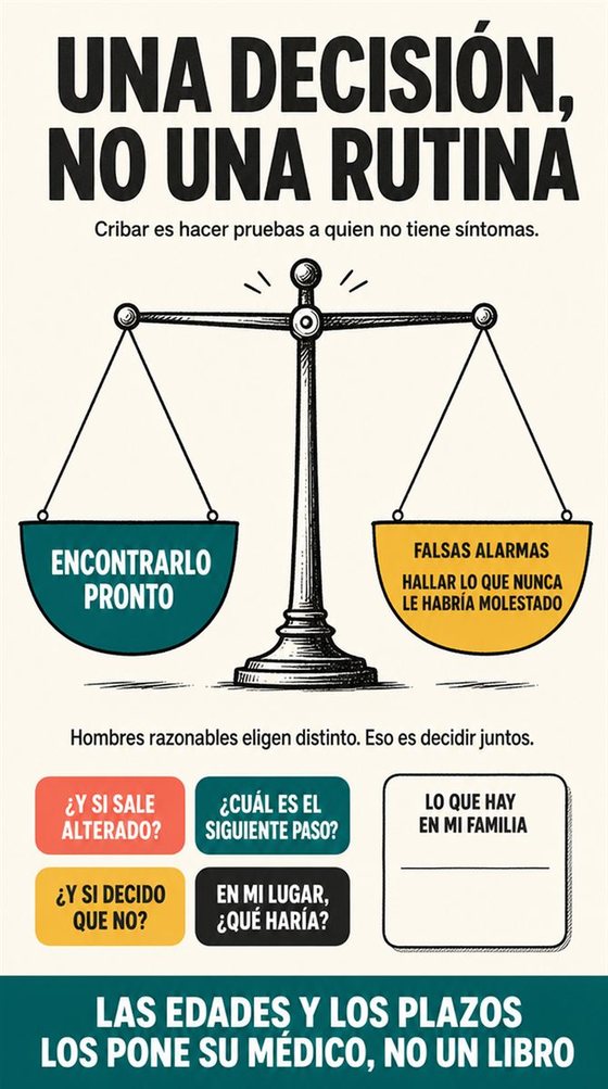 Una persona mayor va resolviendo la decisión práctica que representa «el cribado del cáncer y las decisiones compartidas», con una secuencia clara, un entorno de apoyo y herramientas cotidianas.