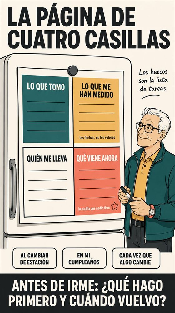 Una persona mayor prepara sus preguntas y una hoja breve de información antes de una cita médica, sin imágenes de pruebas ni diagnósticos.