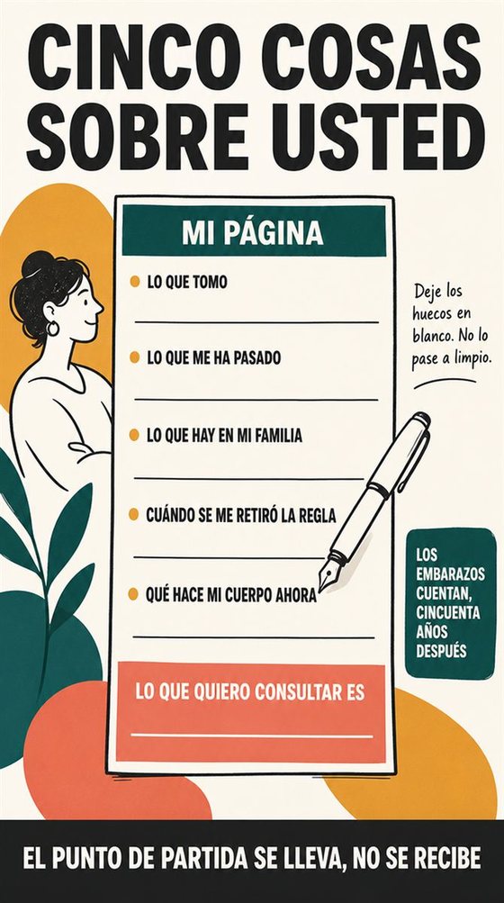 Una persona mayor prepara sus preguntas y una hoja breve de información antes de una cita médica, sin imágenes de pruebas ni de diagnósticos.