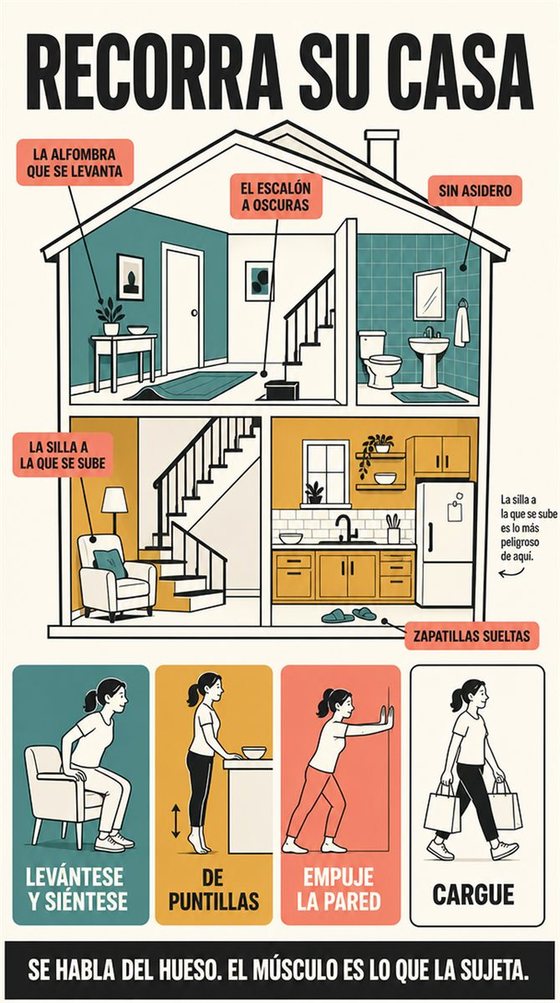 Una persona mayor realiza un movimiento funcional seguro junto a un apoyo firme, en una casa luminosa o en un espacio comunitario.