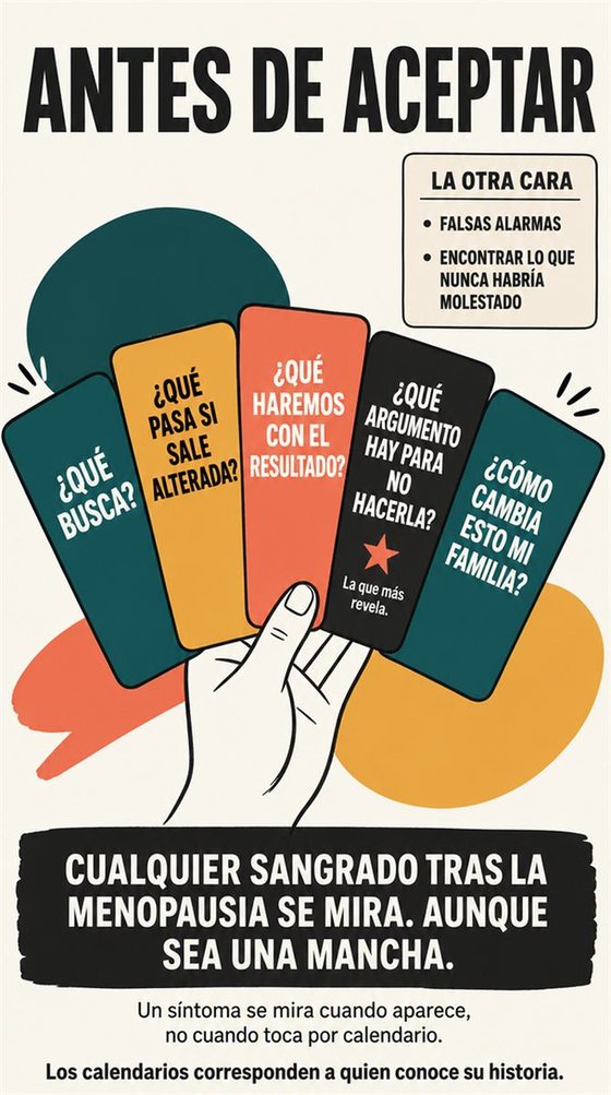Una persona mayor resuelve paso a paso la decisión práctica que representa el «cribado del cáncer y las decisiones compartidas», con una secuencia clara, un entorno de apoyo y herramientas cotidianas.