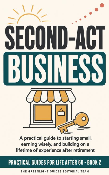 Second-Act Business — An older adult at a modest home workspace, combining a lifetime-of-experience notebook with a simple customer offer and a clear path forward.