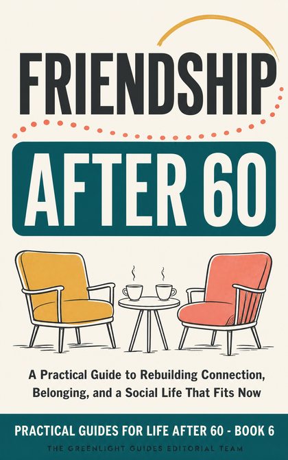 Friendship After 60 — Two older adults walking and talking, with a small welcoming group visible ahead in a community setting.