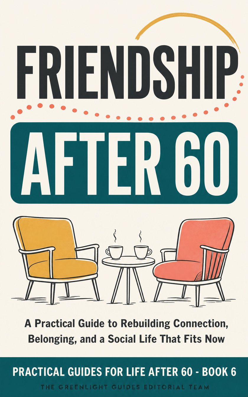 Friendship After 60 — Two older adults walking and talking, with a small welcoming group visible ahead in a community setting.