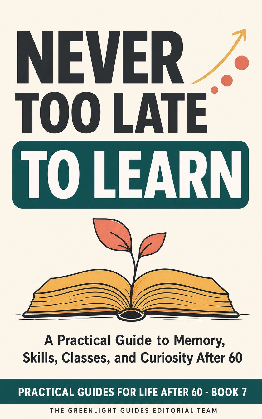 Never Too Late to Learn — An older adult learning a new skill at a table with books, headphones, and a hands-on project, showing curiosity rather than struggle.