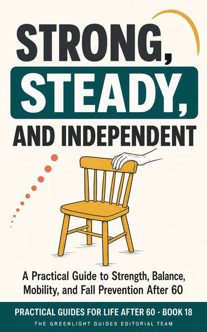Strong, Steady, and Independent — A diverse older adult confidently practicing strength and balance near a sturdy chair in a bright home or community room.