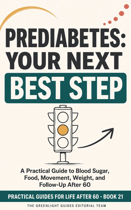 Prediabetes: Your Next Best Step — An older adult assembling a balanced plate and heading for a short walk, with a glucose meter present but not dominating the scene.