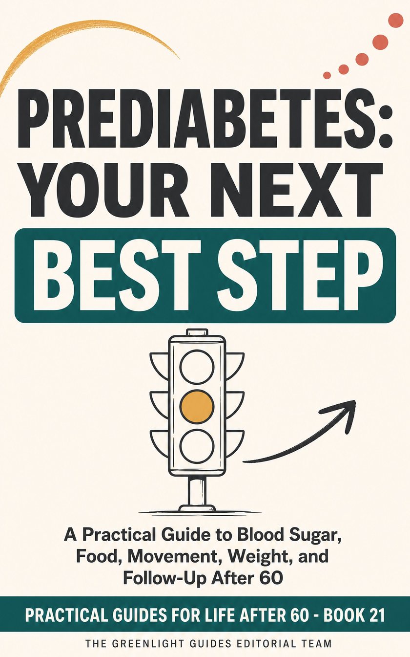 Prediabetes: Your Next Best Step — An older adult assembling a balanced plate and heading for a short walk, with a glucose meter present but not dominating the scene.