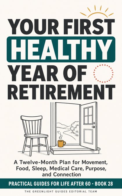 Your First Healthy Year of Retirement — An older retiree moving along a twelve-month circular path with symbols for movement, meals, sleep, medical care, friendship, and purpose.