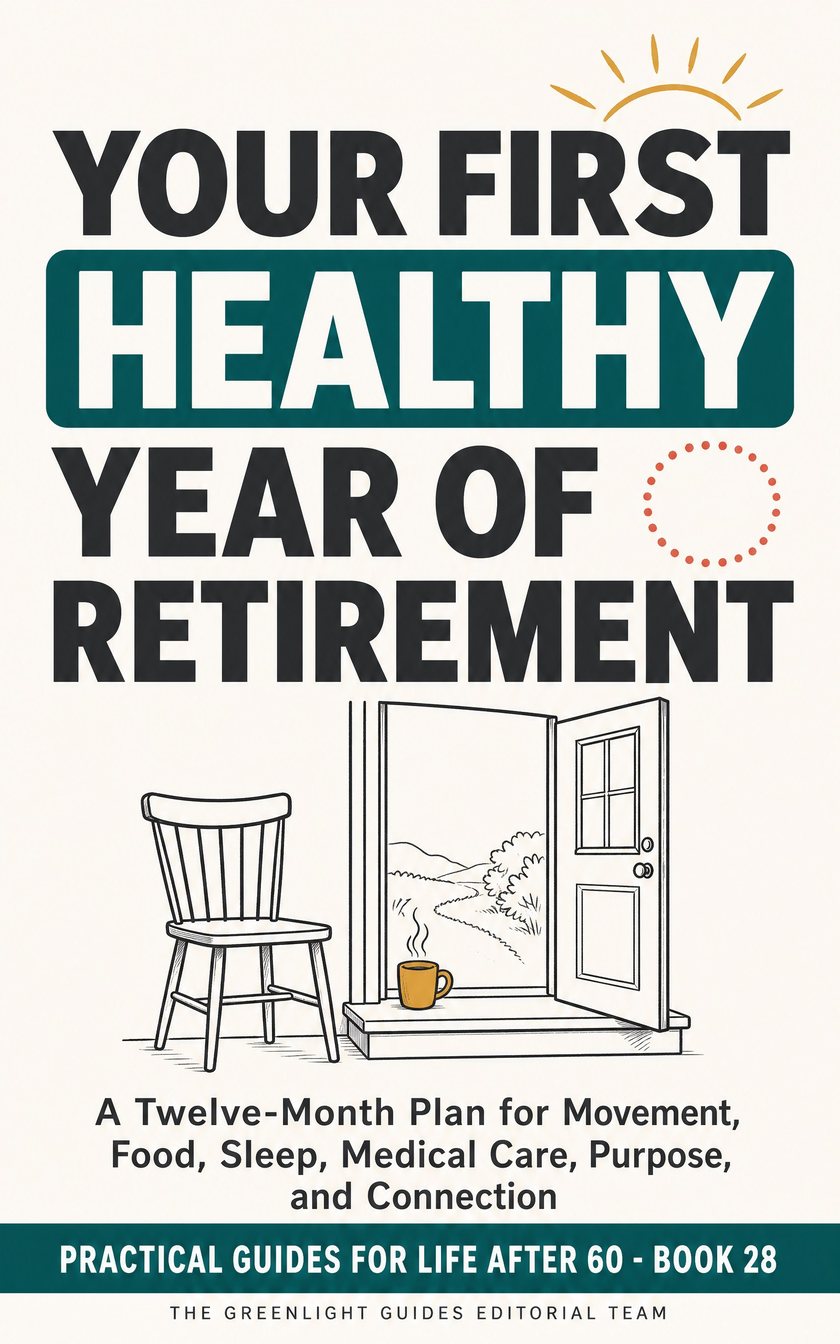 Your First Healthy Year of Retirement — An older retiree moving along a twelve-month circular path with symbols for movement, meals, sleep, medical care, friendship, and purpose.
