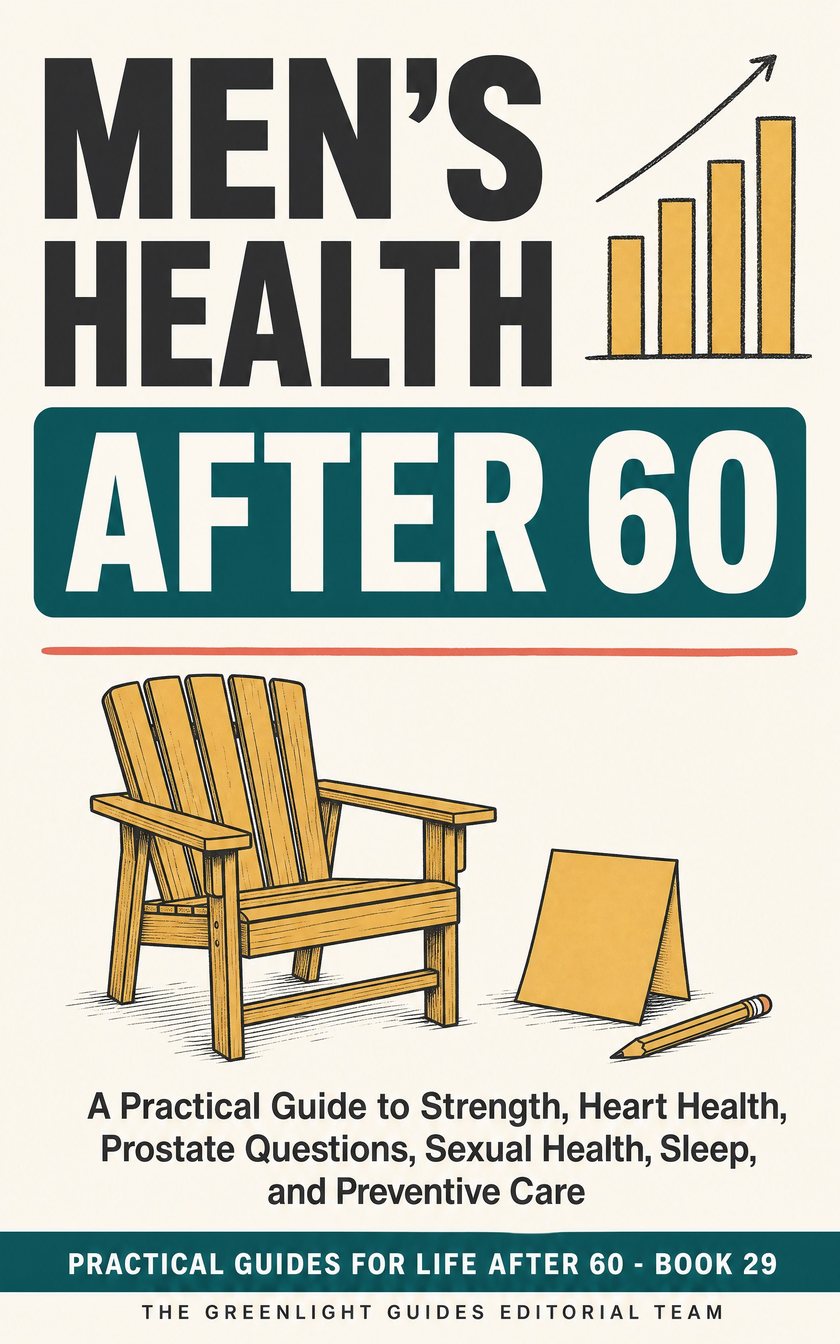 Men’s Health After 60 — A diverse older man living actively while calm health symbols suggest heart, strength, sleep, preventive care, and honest conversation.