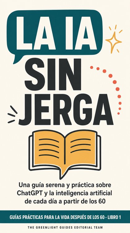 La IA sin jerga — Una persona mayor, segura de sí misma, usa una tableta en la mesa de la cocina, con un recorrido visual que va de una pregunta sencilla a una respuesta útil y ordenada.
