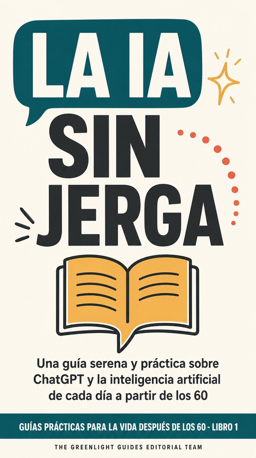 La IA sin jerga — Una persona mayor, segura de sí misma, usa una tableta en la mesa de la cocina, con un recorrido visual que va de una pregunta sencilla a una respuesta útil y ordenada.