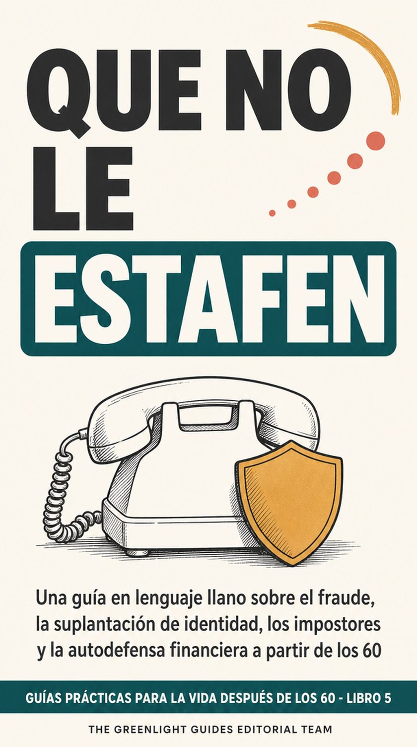 Que no le estafen — Una persona mayor se detiene antes de responder a un mensaje sospechoso y lo comprueba por un segundo canal de confianza, mientras un escudo discreto enmarca la escena.