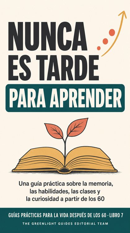 Nunca es tarde para aprender — Una persona mayor aprende algo nuevo en una mesa con libros, auriculares y un trabajo manual a medias, con cara de curiosidad y no de esfuerzo.