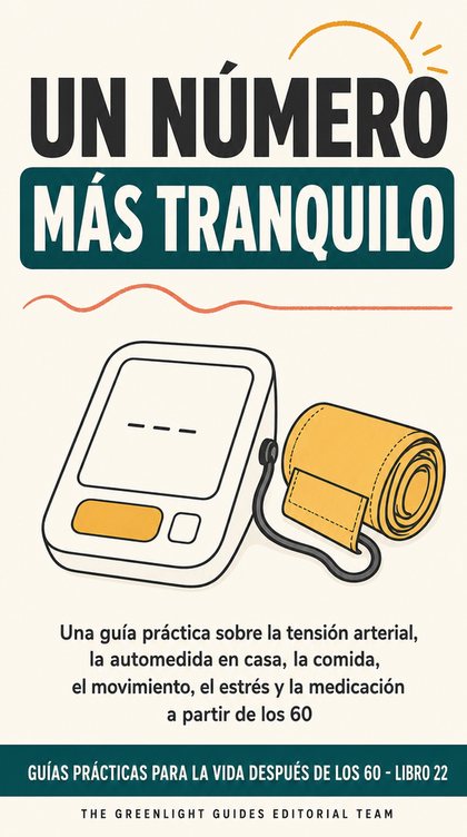 Un número más tranquilo — Una persona mayor se toma la tensión en casa correctamente, en una mañana tranquila, con un registro sencillo y una lista de medicamentos al lado.