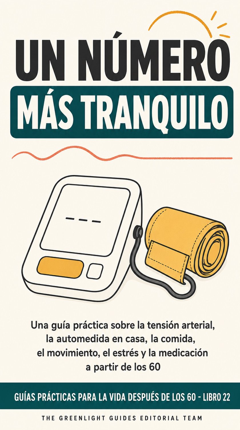 Un número más tranquilo — Una persona mayor se toma la tensión en casa correctamente, en una mañana tranquila, con un registro sencillo y una lista de medicamentos al lado.