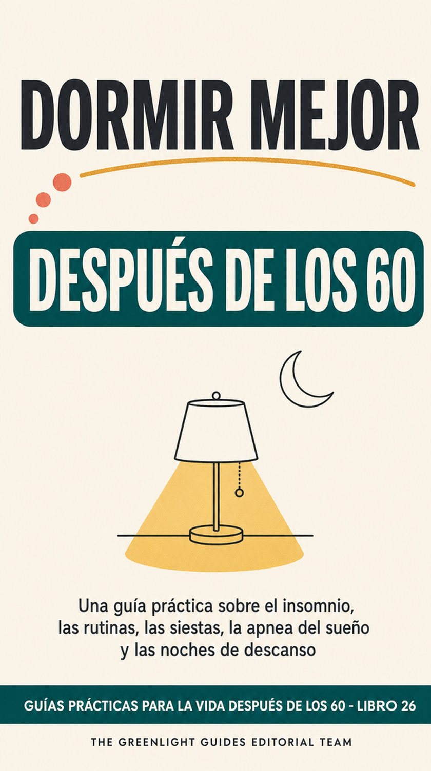 Dormir mejor después de los 60 — Una rutina serena de noche que avanza desde las luces bajas y un libro hasta un dormitorio confortable, con una persona mayor preparándose para dormir.