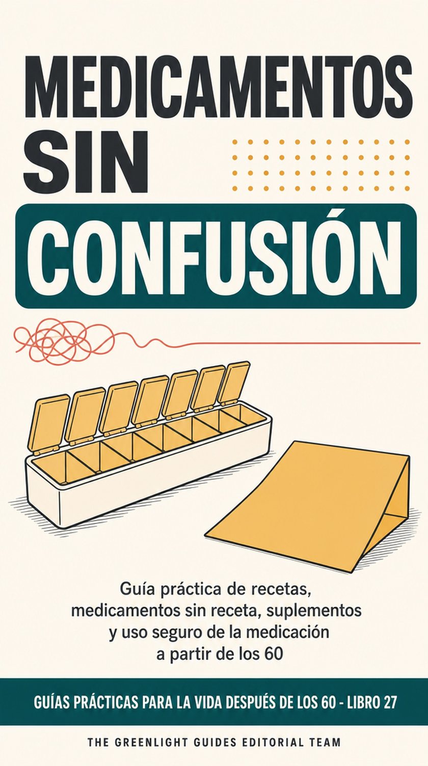 Medicamentos sin confusión — Una persona mayor y su farmacéutica repasan juntas una lista completa de medicamentos junto a un pastillero sencillo, en una imagen de complicidad y claridad.
