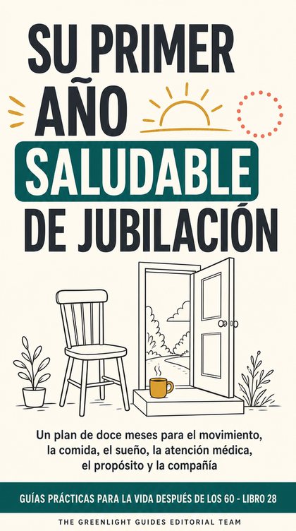 Su primer año saludable de jubilación — Una persona recién jubilada avanza por un recorrido circular de doce meses con símbolos de movimiento, comidas, sueño, atención médica, amistad y propósito.