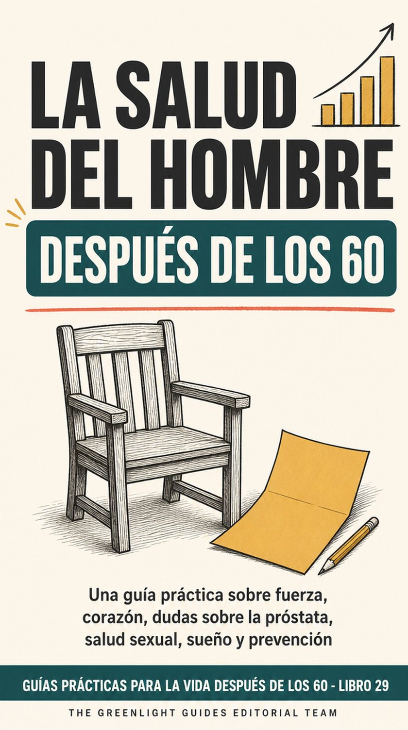 La salud del hombre después de los 60 — Un hombre mayor lleva una vida activa mientras unos símbolos serenos de salud sugieren corazón, fuerza, sueño, prevención y conversación honesta.