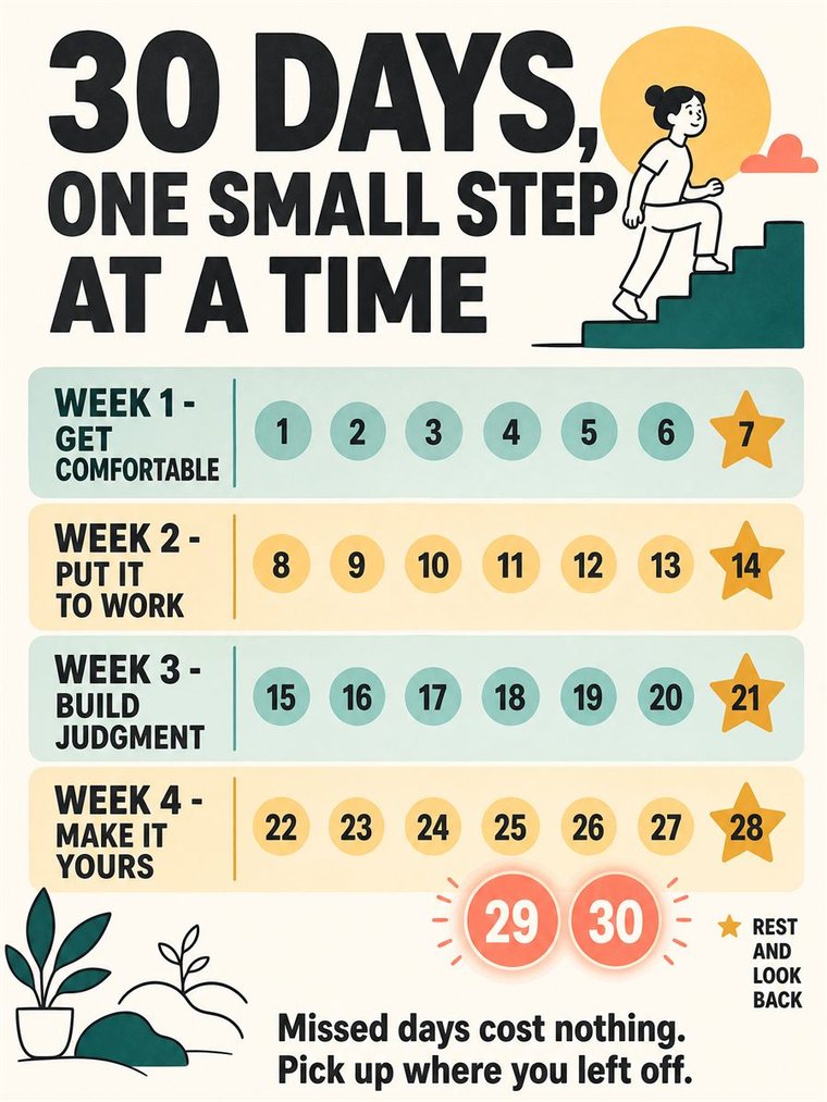 A calm thirty-day progression shown as four weekly clusters and two review days, using simple shapes and rhythm, no readable text.