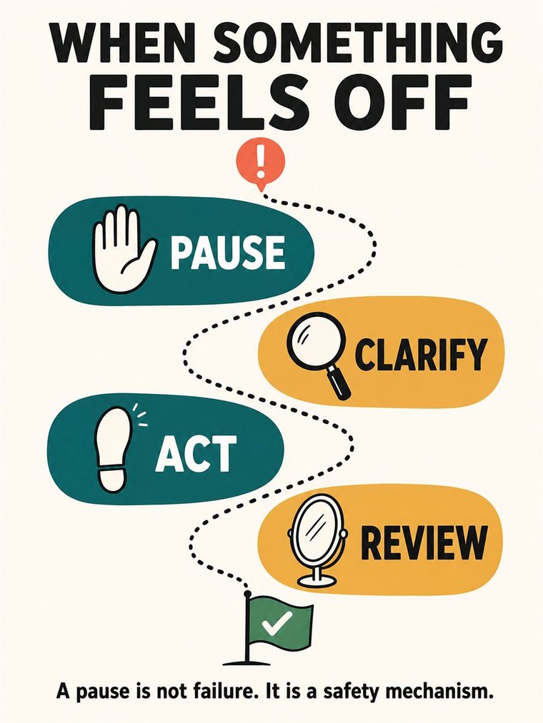 A four-stage decision path — pause, clarify, act, review — shown as four visual stations with a calm older adult moving through them, no words.