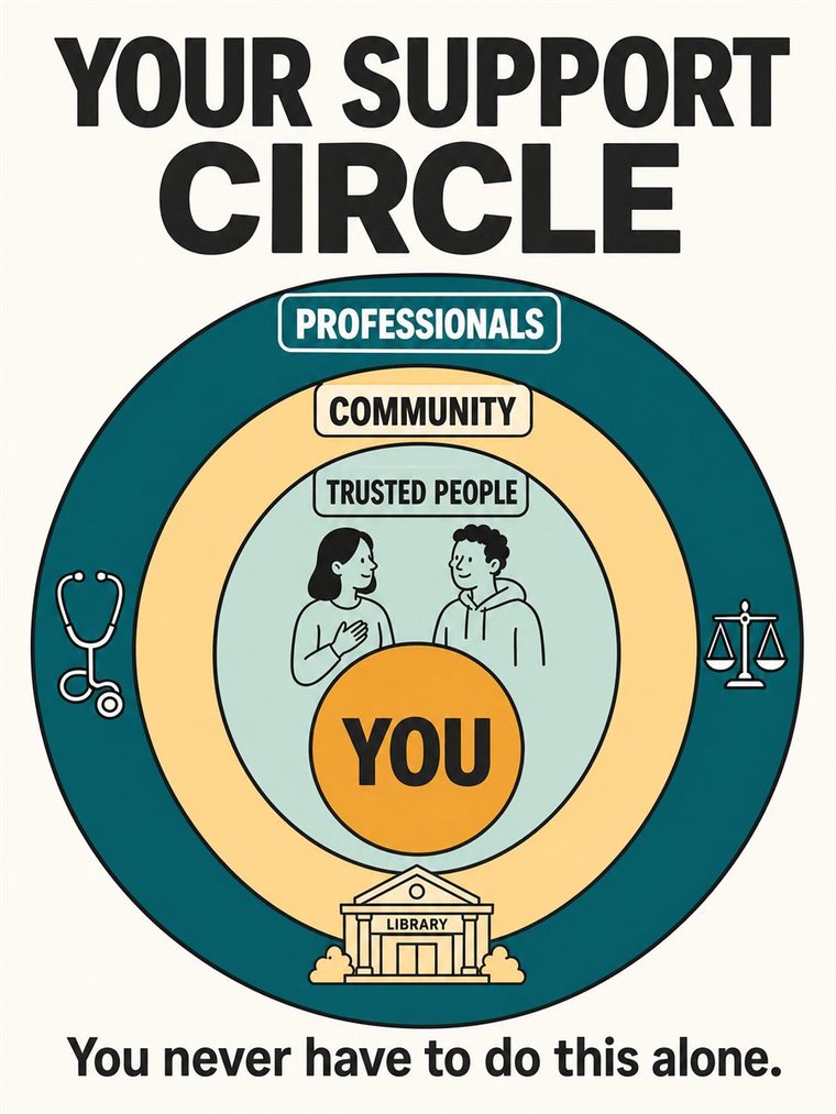 Concentric support rings — self, trusted people, community resources, and professionals — shown through people and symbols, no words.