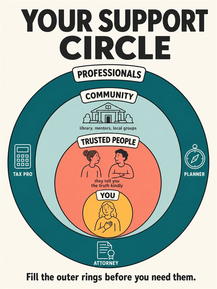 Concentric support rings — self, trusted people, community, professionals — shown through people and symbols, no words.