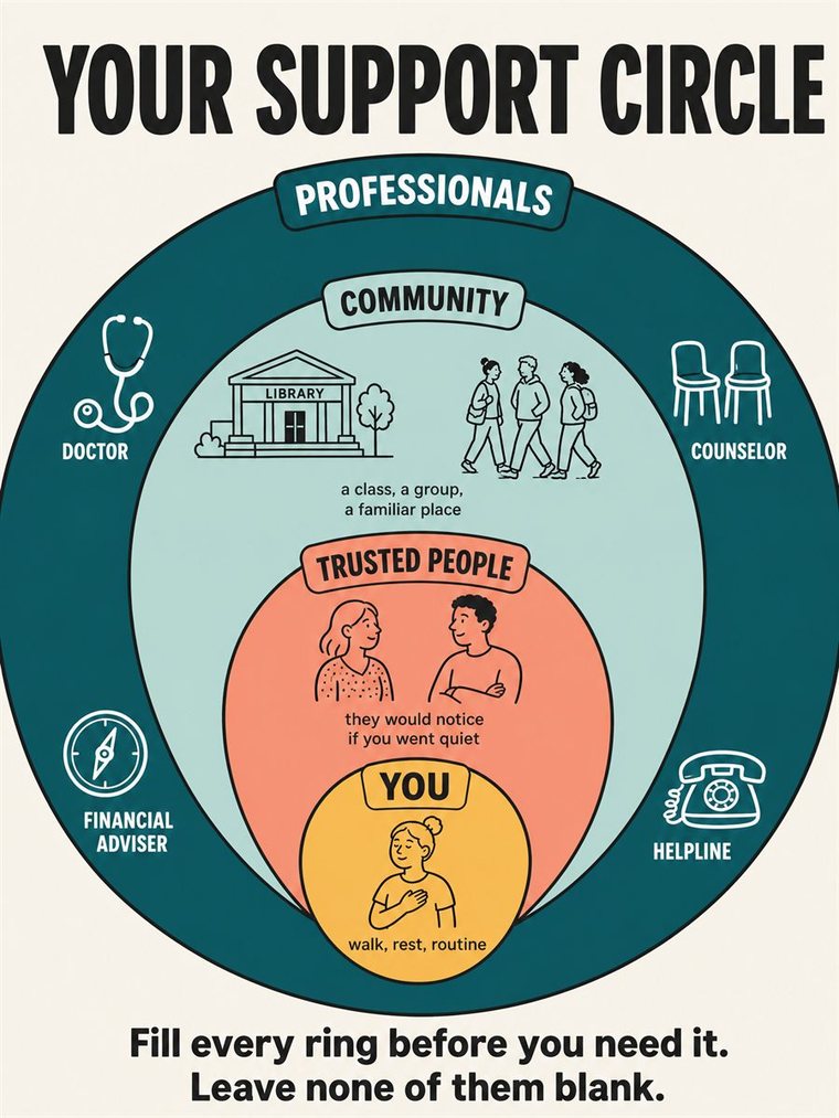Concentric support rings — self, trusted people, community, professionals — shown through people and symbols, no words.