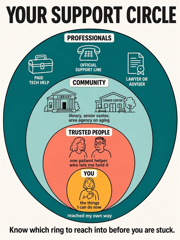 Concentric support rings — self, trusted people, community, professionals — shown through people and symbols, no words.