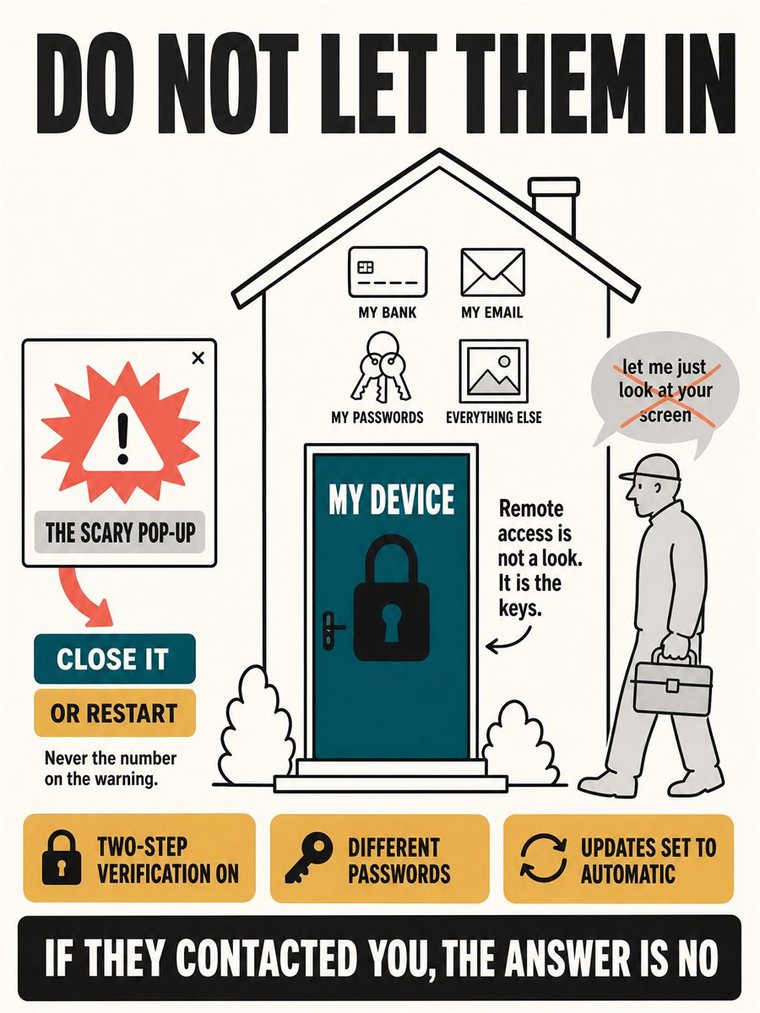 An older adult pausing before acting on a suspicious call or message and independently verifying through a trusted second channel.