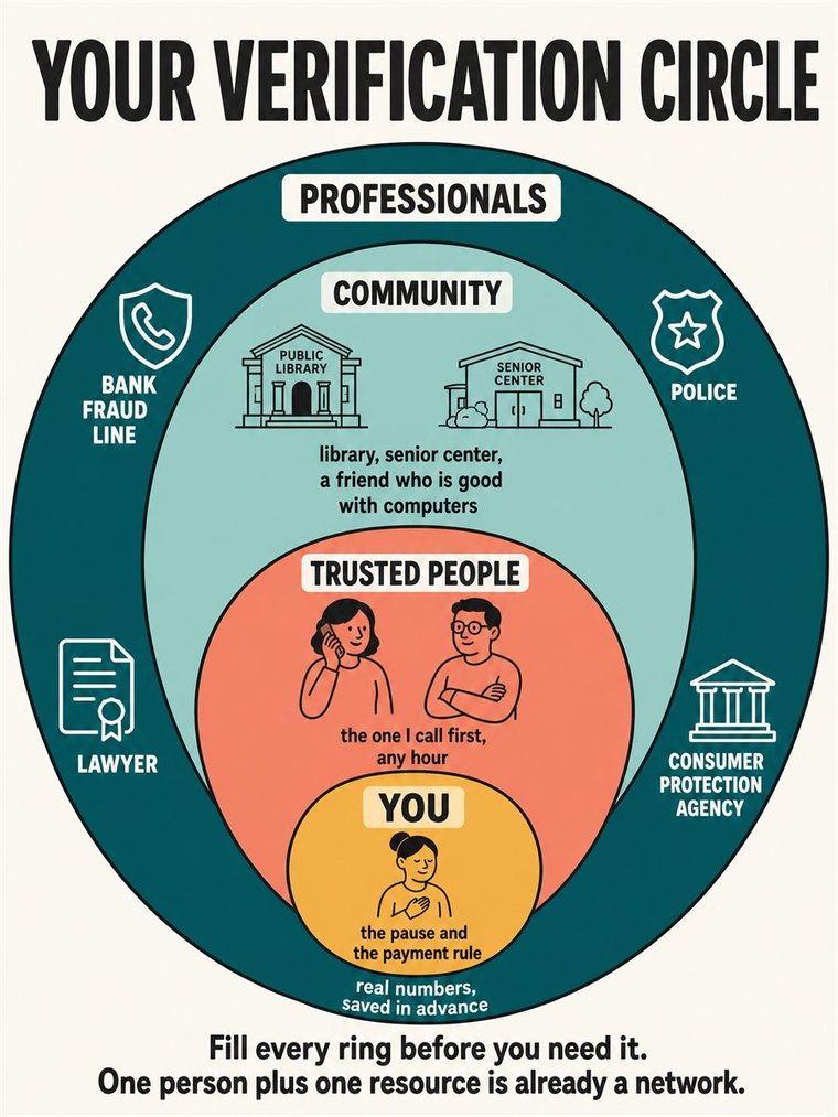 Concentric support rings — self, trusted people, community, professionals — shown through people and symbols, no words.