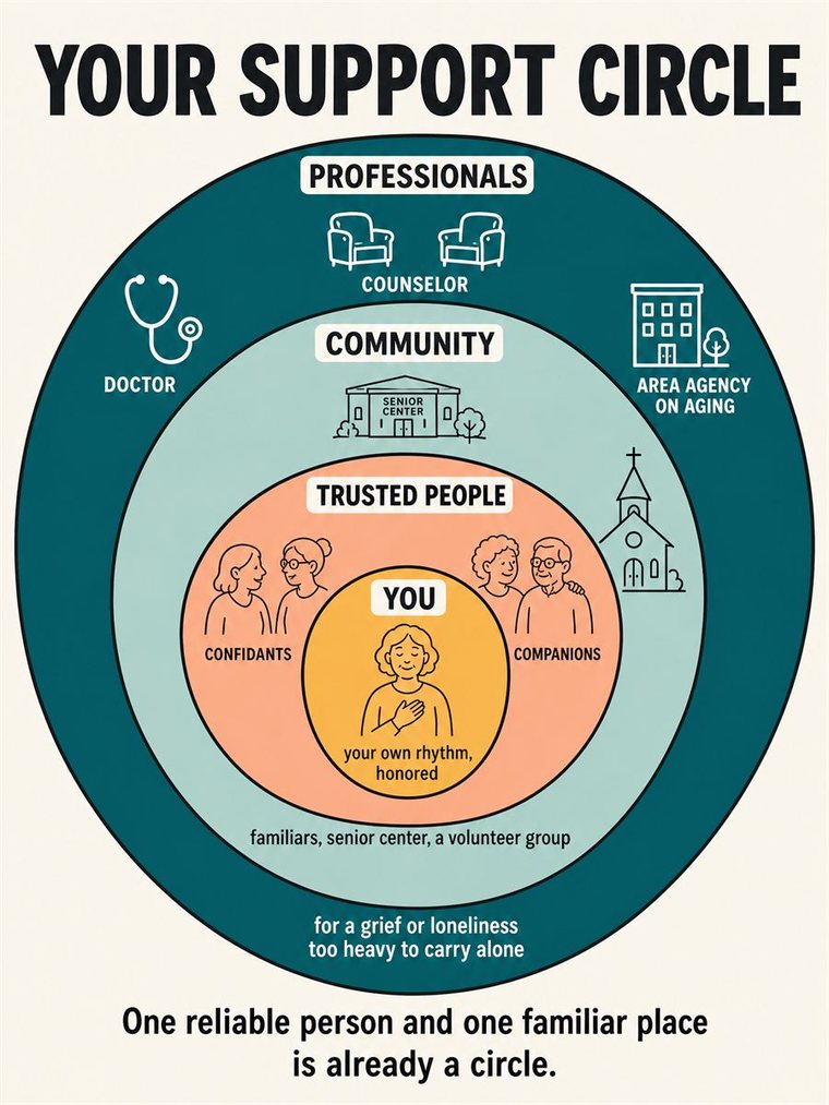 Concentric support rings — self, trusted people, community, professionals — shown through people and symbols, no words.