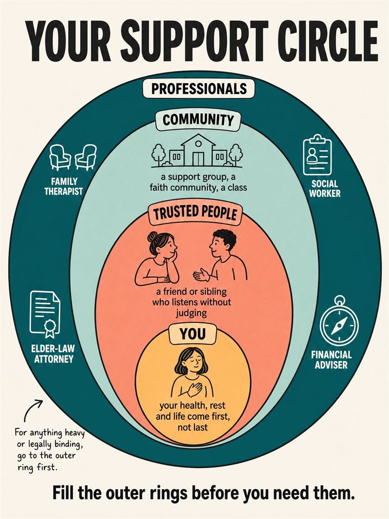 Concentric support rings — self, trusted people, community, professionals — shown through people and symbols, no words.