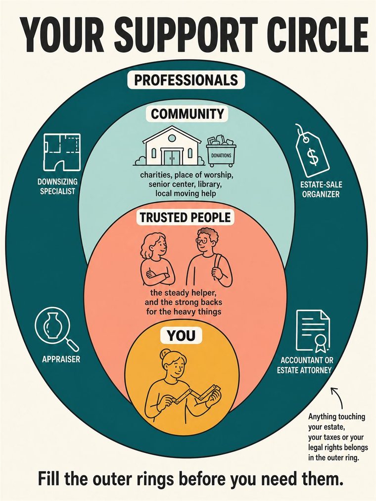 Concentric support rings — self, trusted people, community, professionals — shown through people and symbols, no words.