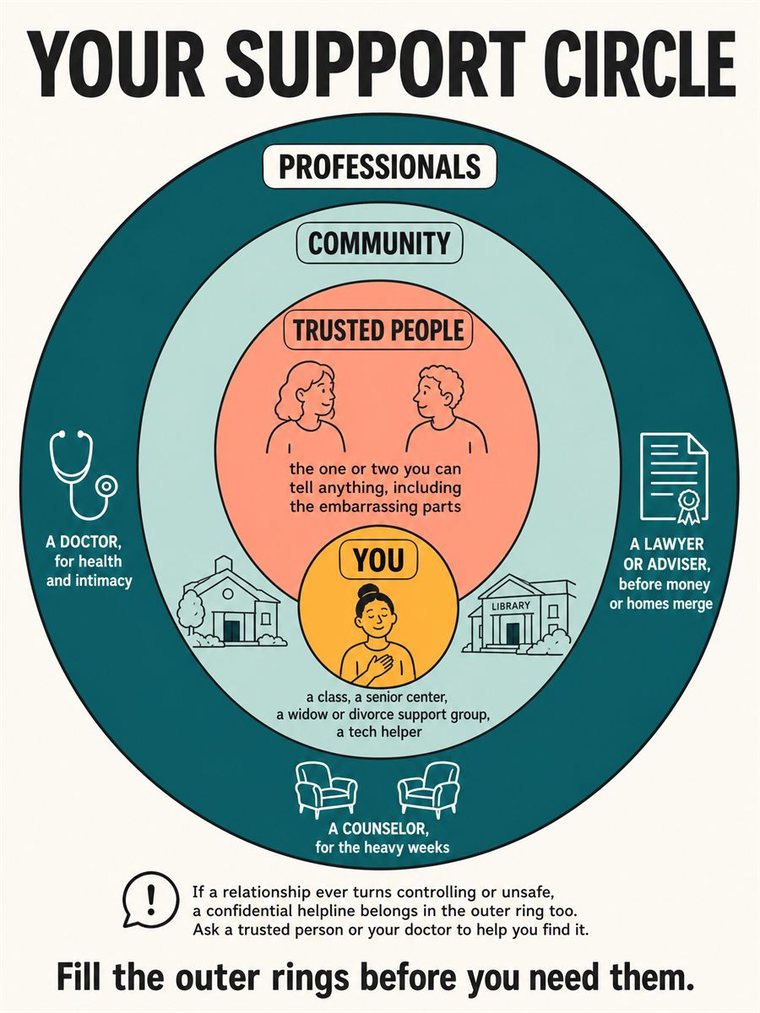 Concentric support rings — self, trusted people, community, professionals — shown through people and symbols, no words.