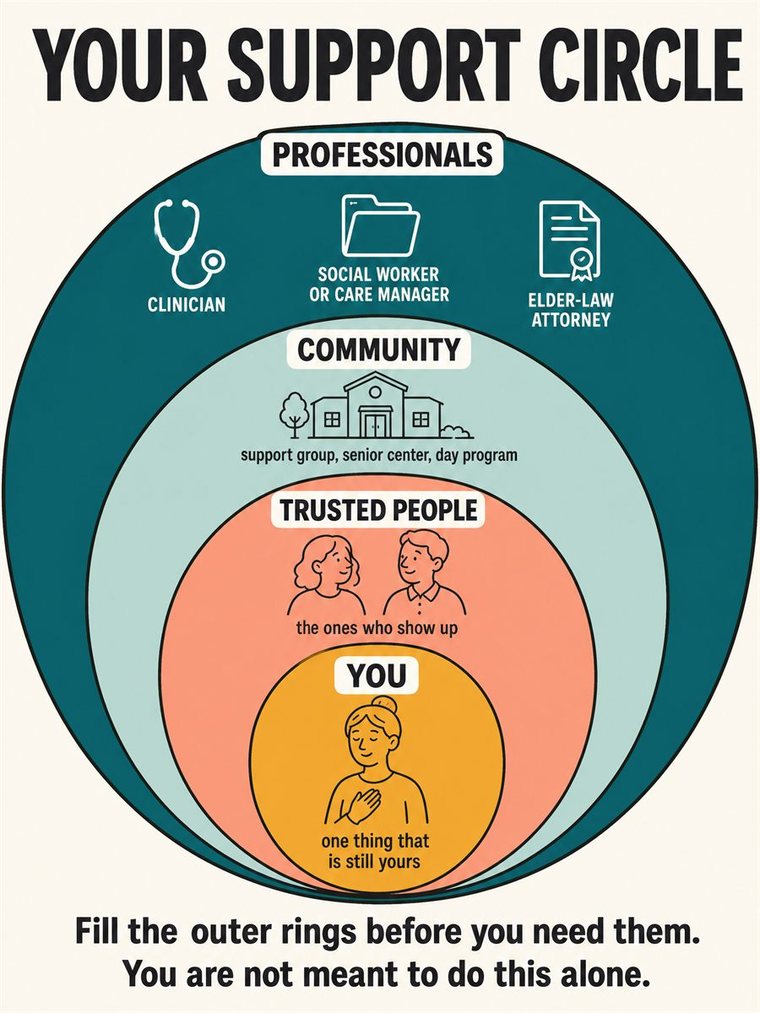 Concentric support rings — self, trusted people, community, professionals — shown through people and symbols, no words.
