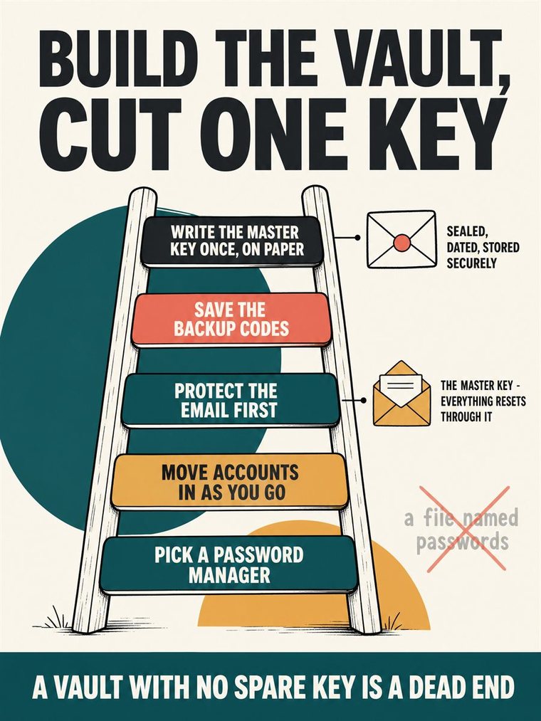 An older adult setting up a secure password manager and recovery plan with a trusted contact, no readable credentials.
