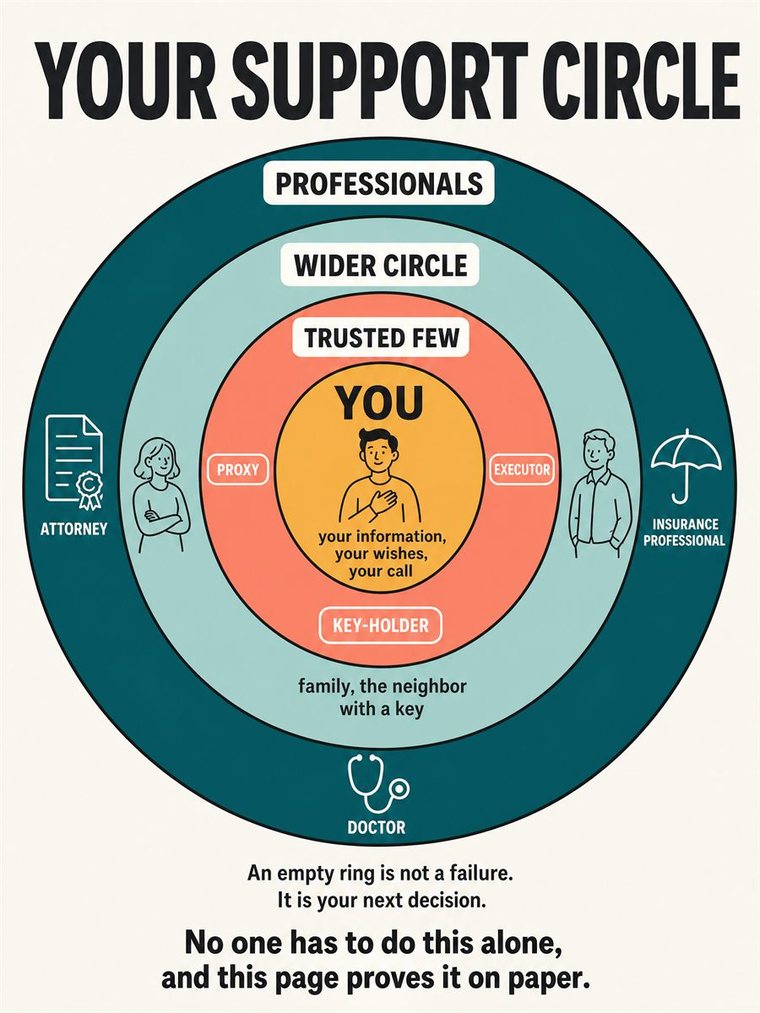 Concentric support rings — self, trusted people, community, professionals — shown through people and symbols, no words.