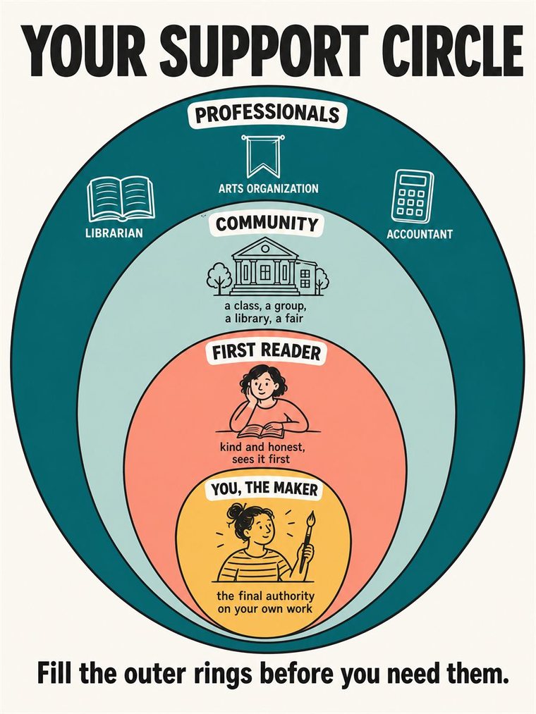 Concentric support rings — self, trusted people, community, professionals — shown through people and symbols, no words.