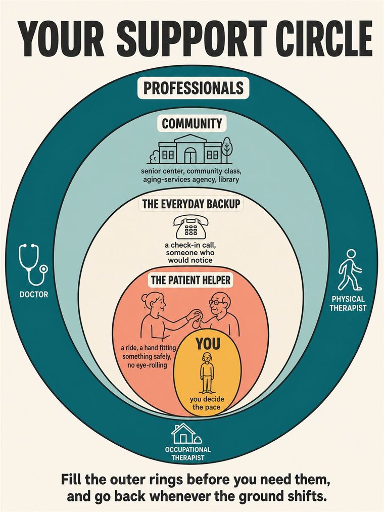 Concentric support rings — self, trusted people, community, professionals — shown through people and symbols, no words.
