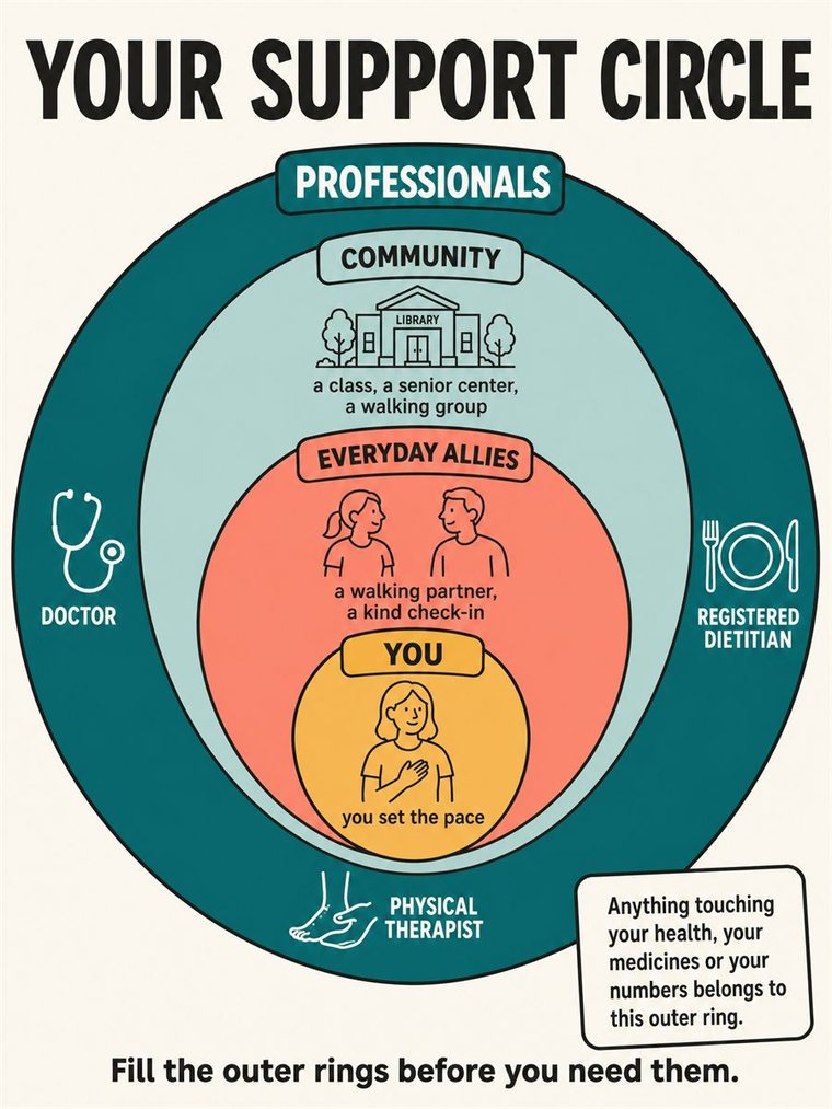 Concentric support rings — self, trusted people, community, professionals — shown through people and symbols, no words.