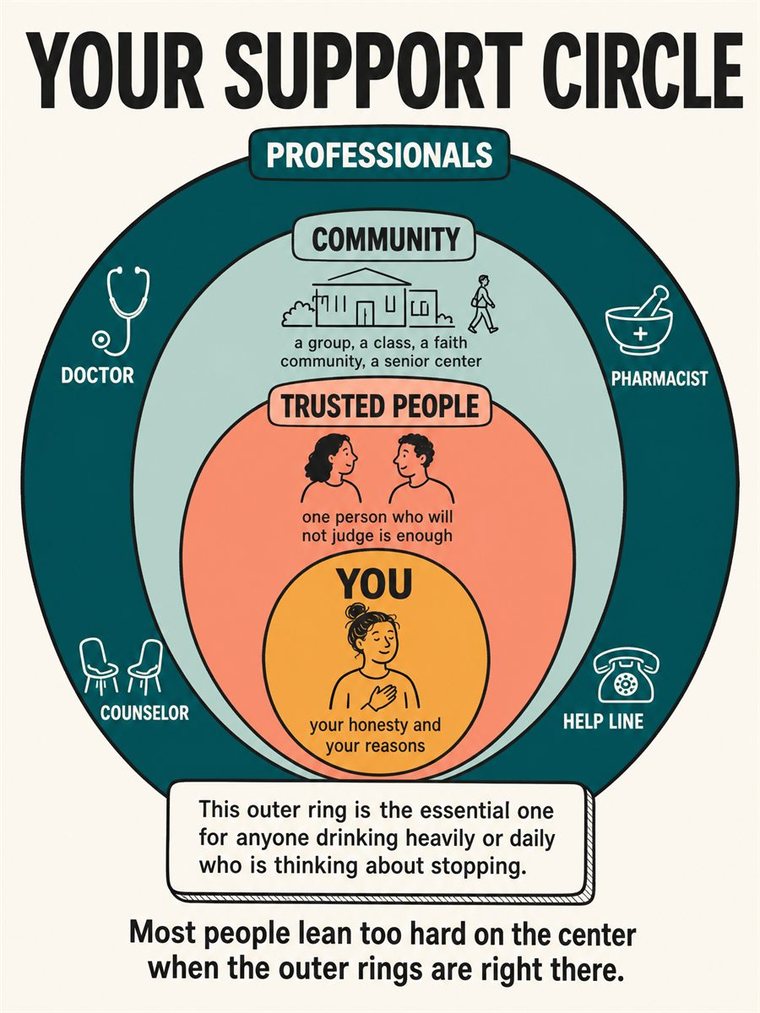 Concentric support rings — self, trusted people, community, professionals — shown through people and symbols, no words.