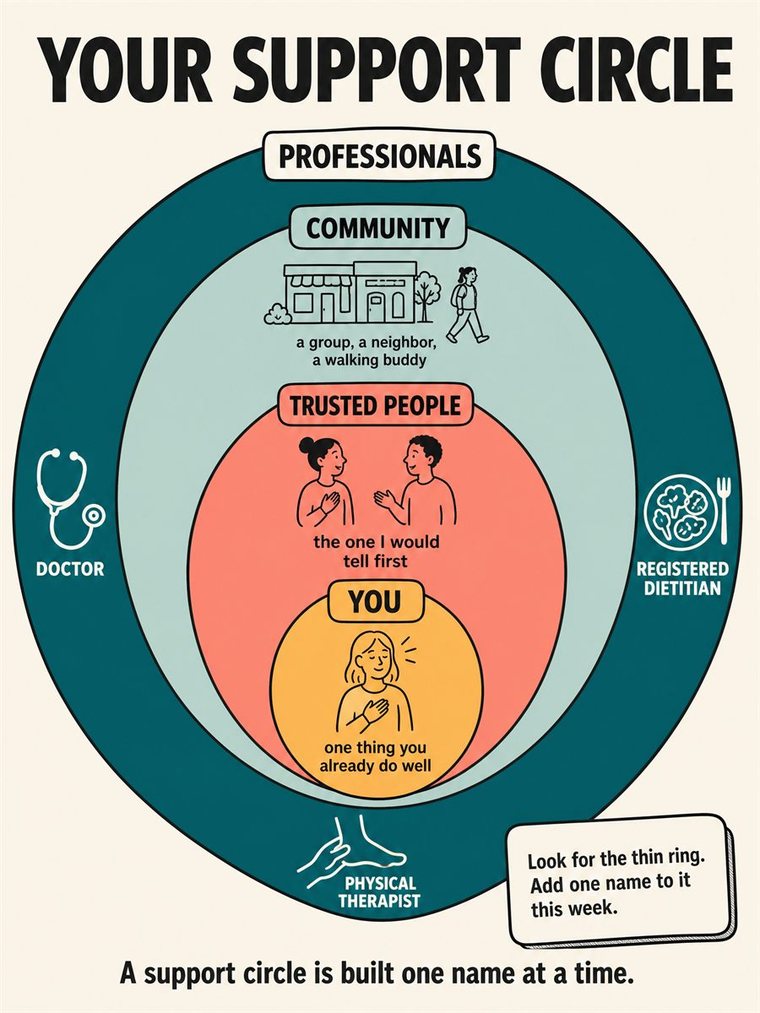 Concentric support rings — self, trusted people, community, professionals — shown through people and symbols, no words.