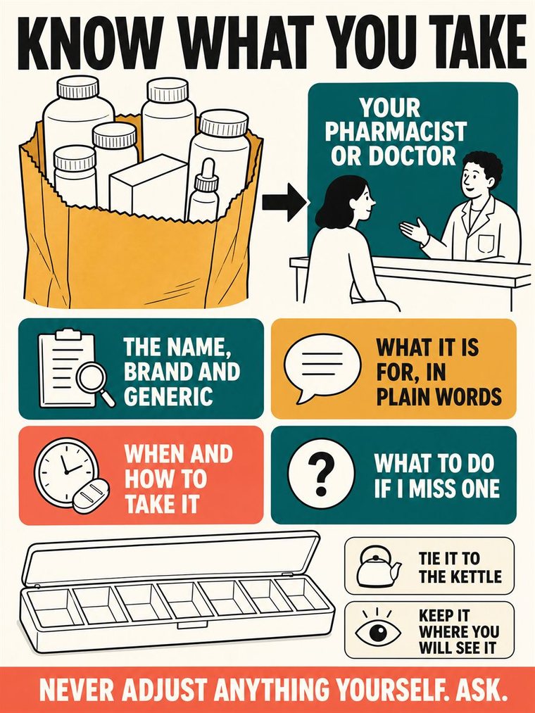 An older adult and pharmacist reviewing a complete medication list and an organized daily system.
