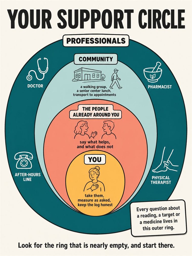 Concentric support rings — self, trusted people, community, professionals — shown through people and symbols, no words.