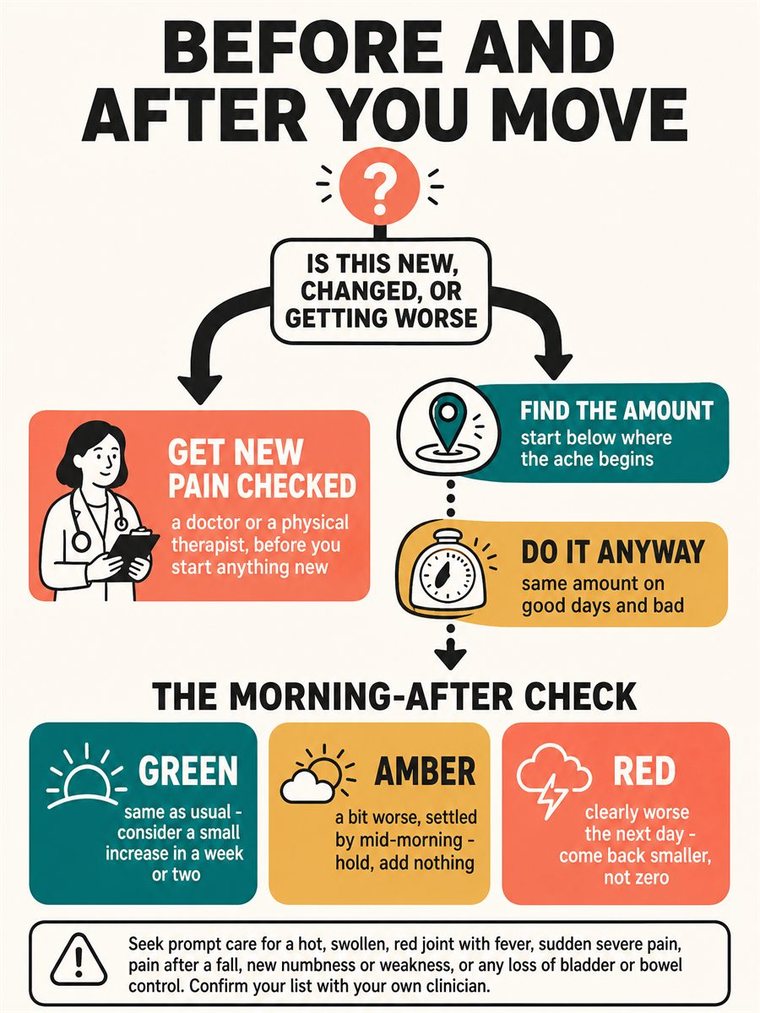 A four-stage decision path shown as visual stations with a calm older adult moving through them, no words.