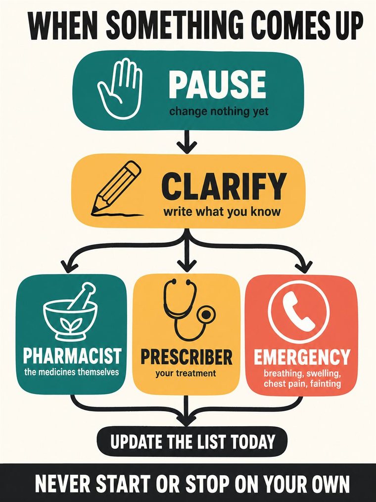 A four-stage decision path shown as visual stations with a calm older adult moving through them, no words.