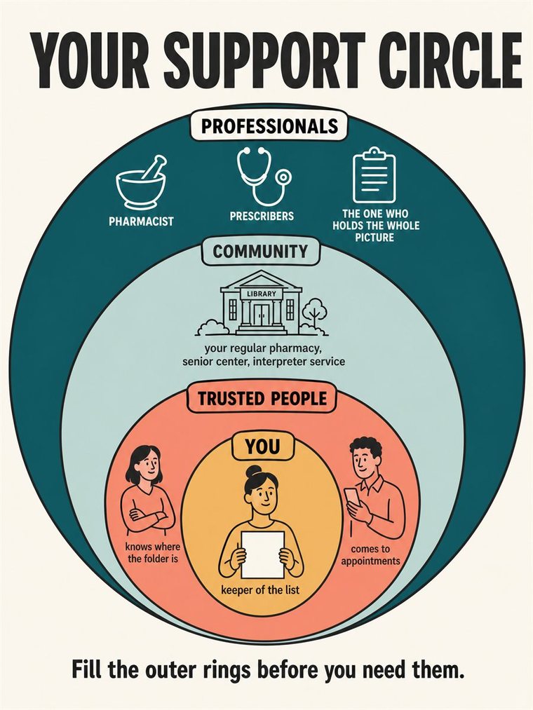 Concentric support rings — self, trusted people, community, professionals — shown through people and symbols, no words.